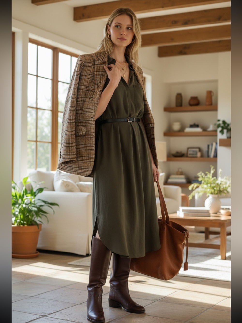 Max Studio Olive Green Relaxed Midi Shirt Dress